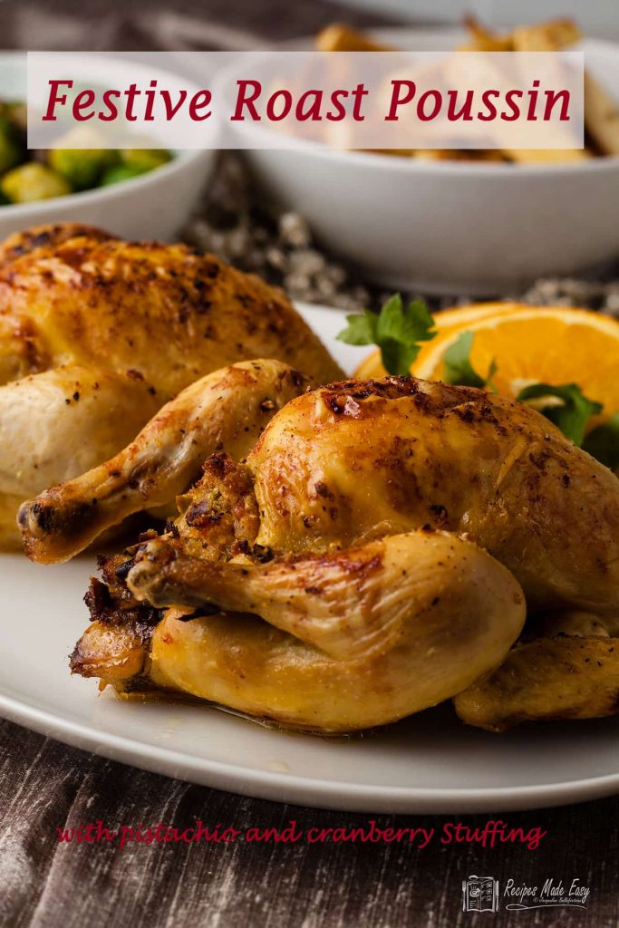 poussin on serving plate with pinterest text overlay.